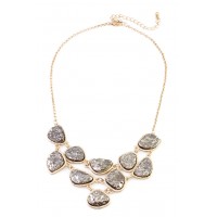 Metallic Silver Druzy Stone Link Bib Necklace